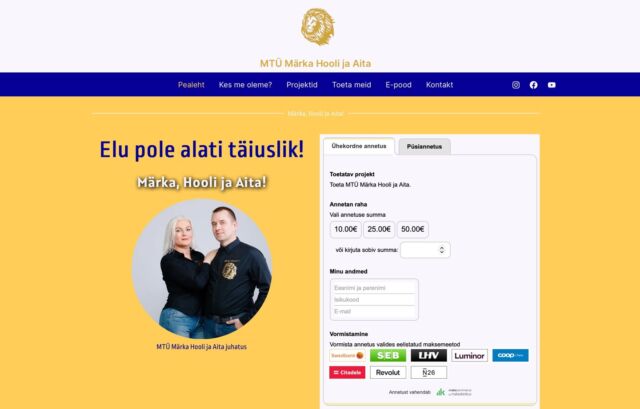 Ühel suvisel tööpäeval võttis meiega ühendust Aivar, kes esindab "MTÜ Märka Hooli ja Aita". Aivaril oli probleem puuduliku kodulehega, kust kaudu saaksid inimesed teha annetusi mugavalt ja lihtsamalt. Eelnevalt tehti annetusi otse pangakontole, kus annetaja pidi pangarekvisiidid kopeerima MTÜ Facebooki lehelt ja sisestama käsitsi enda ülekande lahtritesse. MTÜ Märka Hooli ja Aita keskendub erakorralistele juhtumitele, mille tagajärjel on inimene või inimesed sattunud abivajaja seisu. Organisatsiooni kasv on olnud imeline, kaasates vabatahtlikke (ja tõesti neid on palju - suur kummardus teile!) ning reageerides üllatavalt kiirelt abivajajate ootustele. Võtsime mure enda kanda ja tulime vastu - tegime kiirelt lihtsa, arusaadava ja hästi hallatava kodulehe, mis on saanud seniste ja uute MTÜ jälgijate lemmikuks! Tundub, et meie teiseks tunnuslauseks saab olema klientide öeldu põhjal: "Ohsa, kui kiirelt valminud koduleht!" 👏 Aitäh Teile, kes on usaldanud enda ettevõtte tegevused meie kanda!Vaata nende tegevusi lähemalt: www.markahooliaita.ee